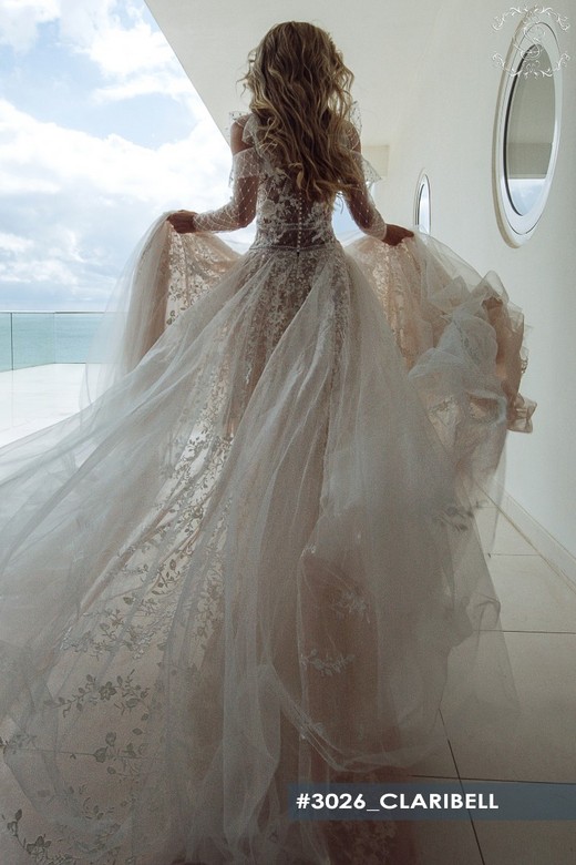 Свадебное платье Кларибел А-силуэт, Со шлейфом, С рукавами, Кружевные, Закрытые